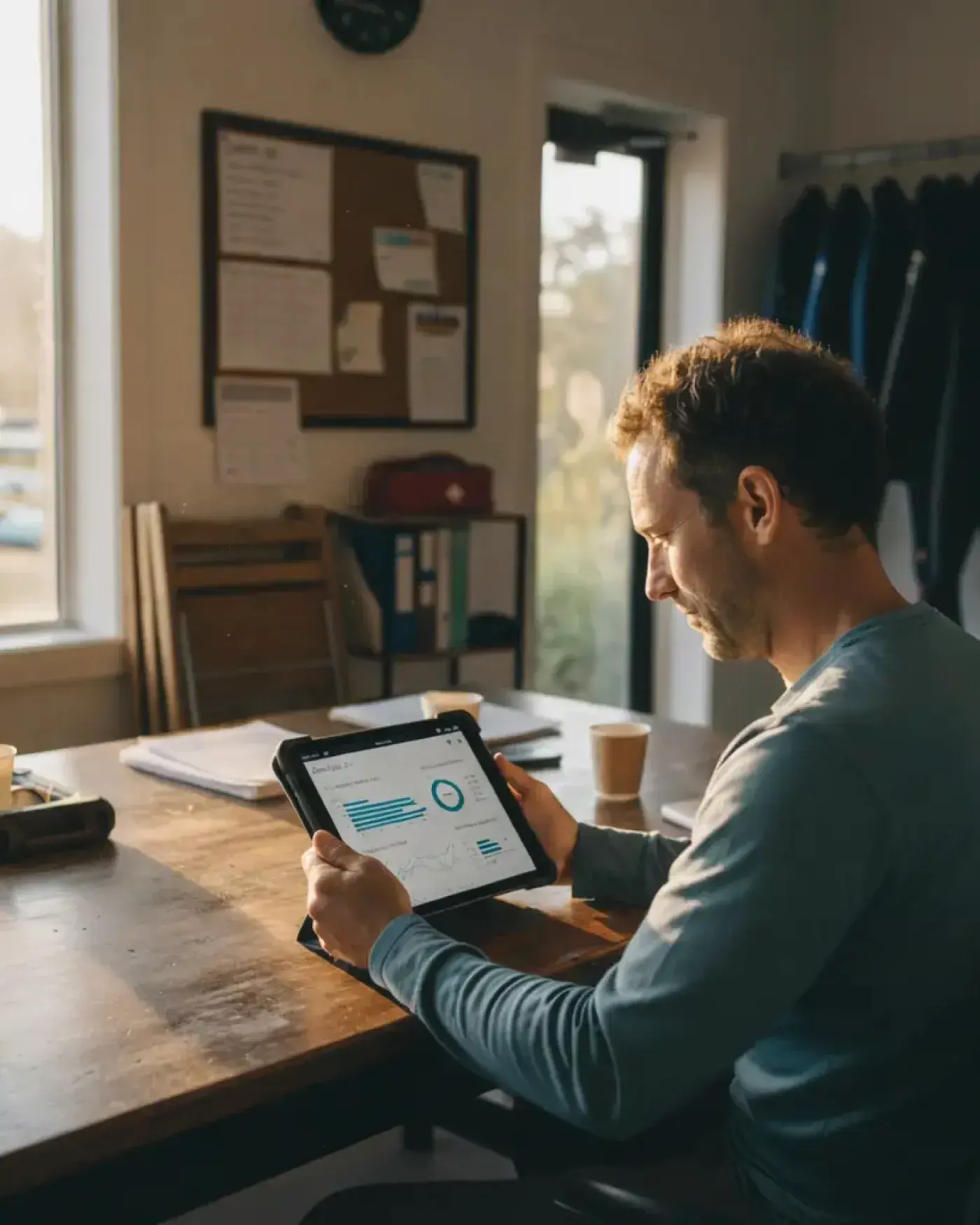 アクティビティセンターのマネージャーがBloowatchのレポートツールを使い、ノートパソコンで予約・売上・稼働データを分析している様子