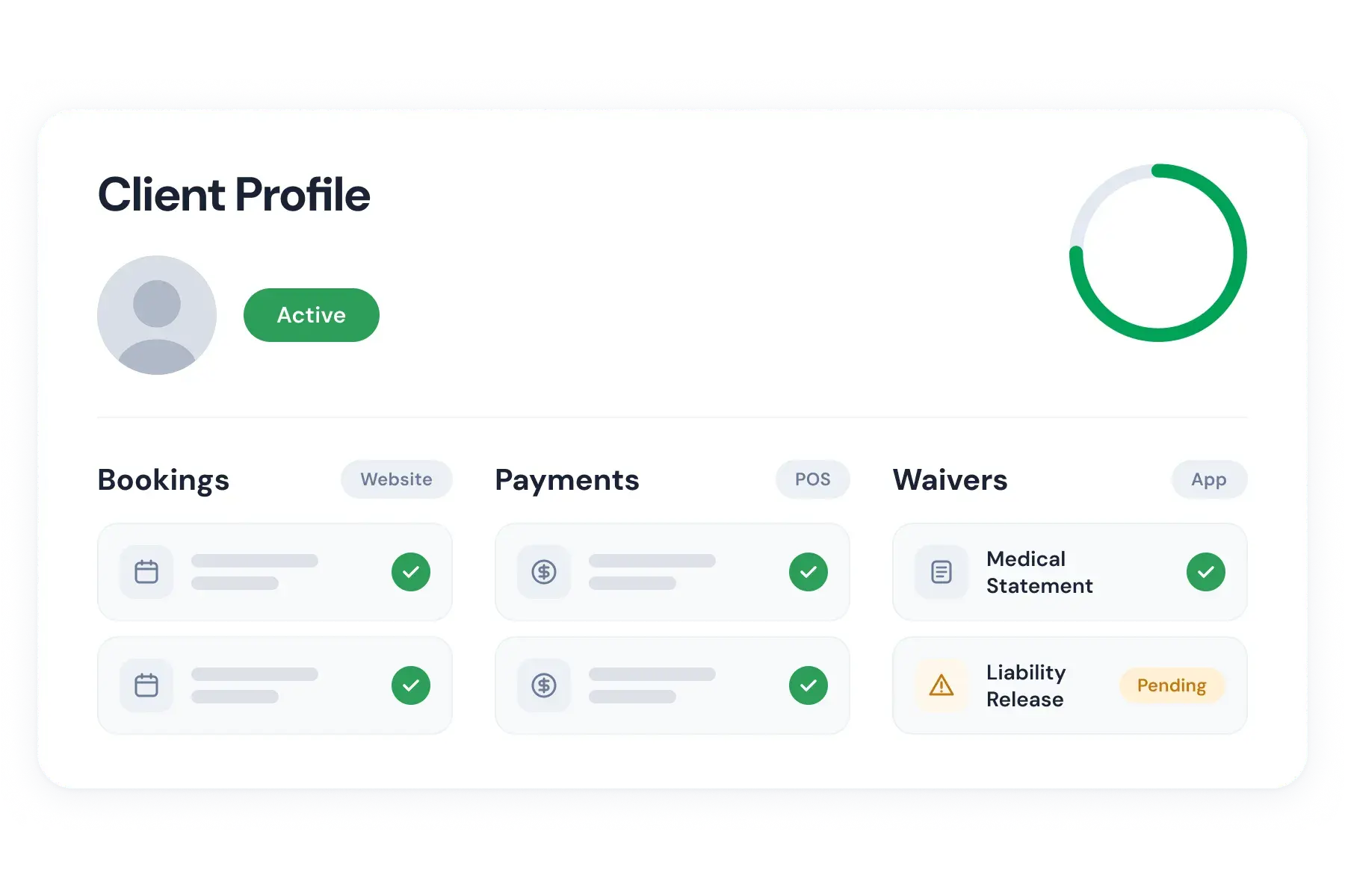 Bloowatchのクライアントプロフィール画面。予約履歴・免責同意書・支払い・連絡先をひとつのビューで表示