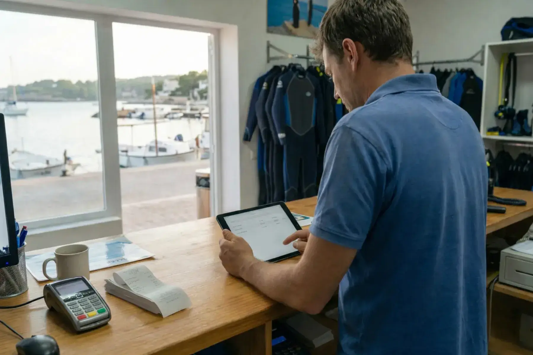 マリーナのカウンターでBloowatchを使い、タブレットで日次POS締めと売上レポートを確認するアクティビティセンタースタッフ
