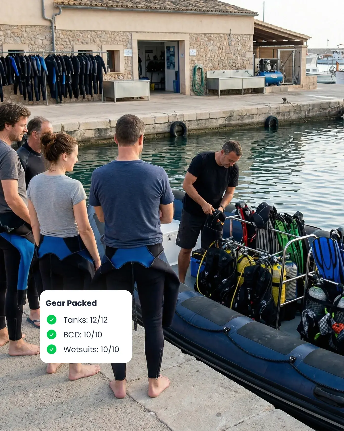 Medewerkers van een duikcentrum die materiaal klaarmaken naast een boot, met Bloowatch dat personeel, uitrusting en resources gesynchroniseerd houdt.