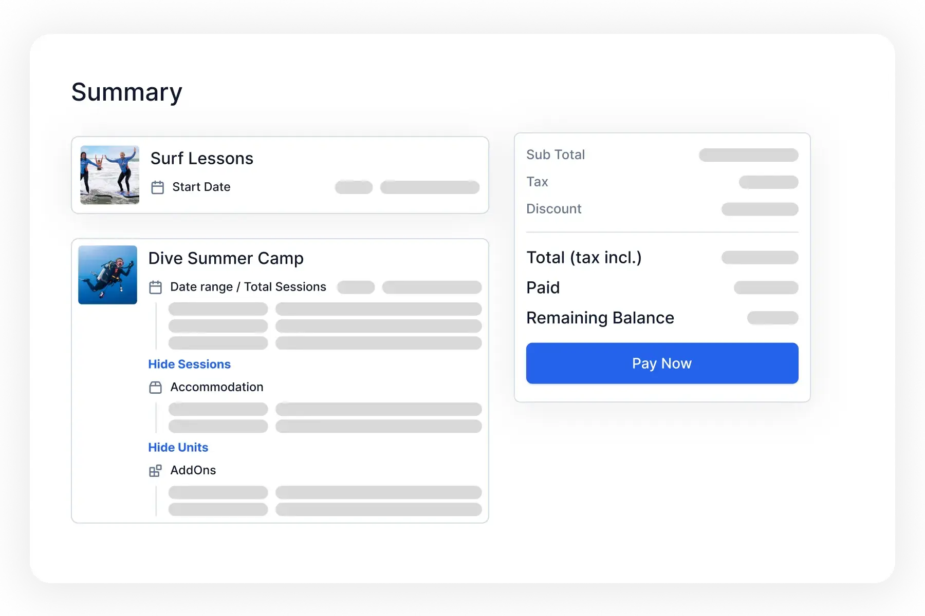 Pannello riepilogativo del catalogo Bloowatch con struttura dei corsi multi-sessione, formati di gruppo e varianti di prezzo in un'unica vista