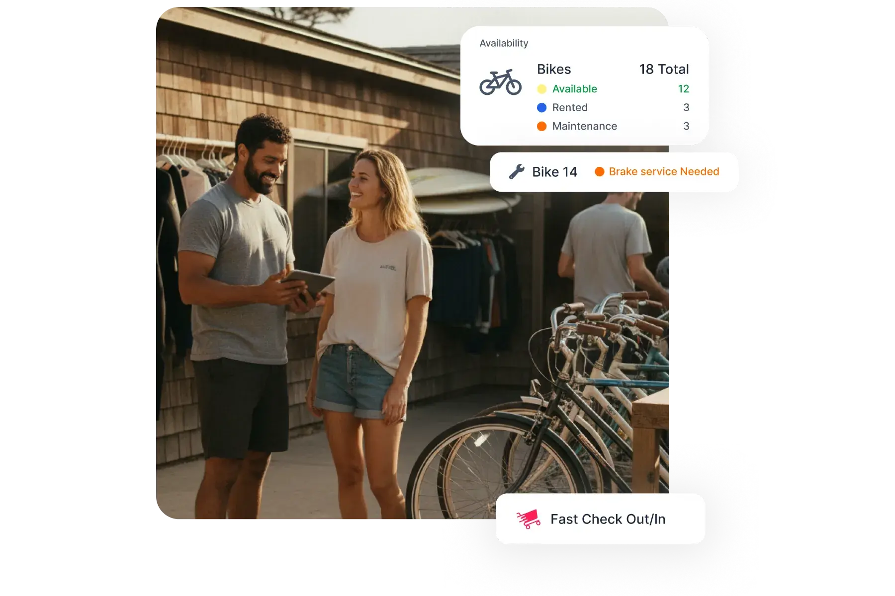 Rental staff checking out gear to a customer with Bloowatch rental dashboard displayed on screen, managing inventory and check-in