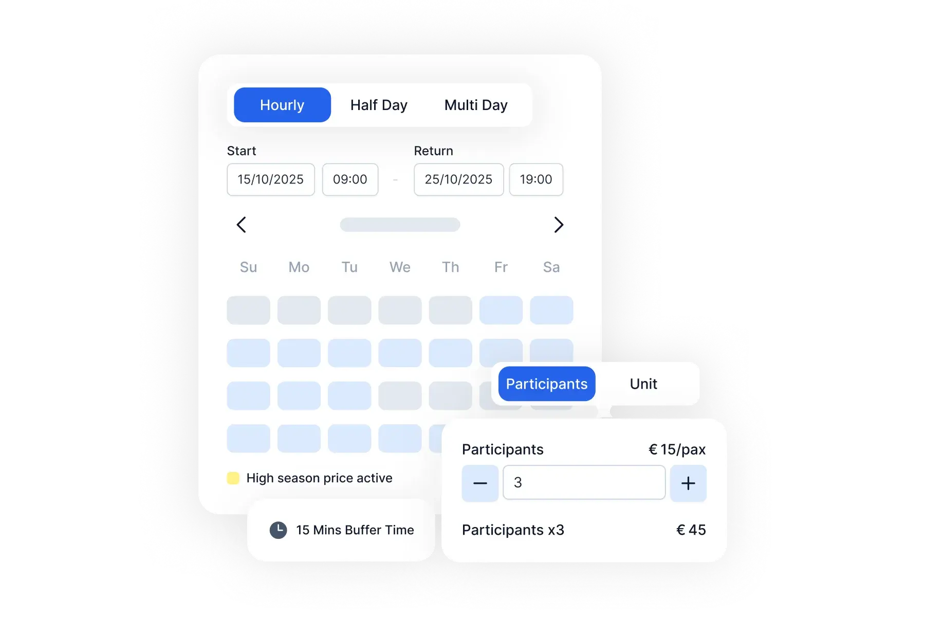 Bloowatch rental app interface showing gear catalog with availability status, condition tracking, and inventory levels