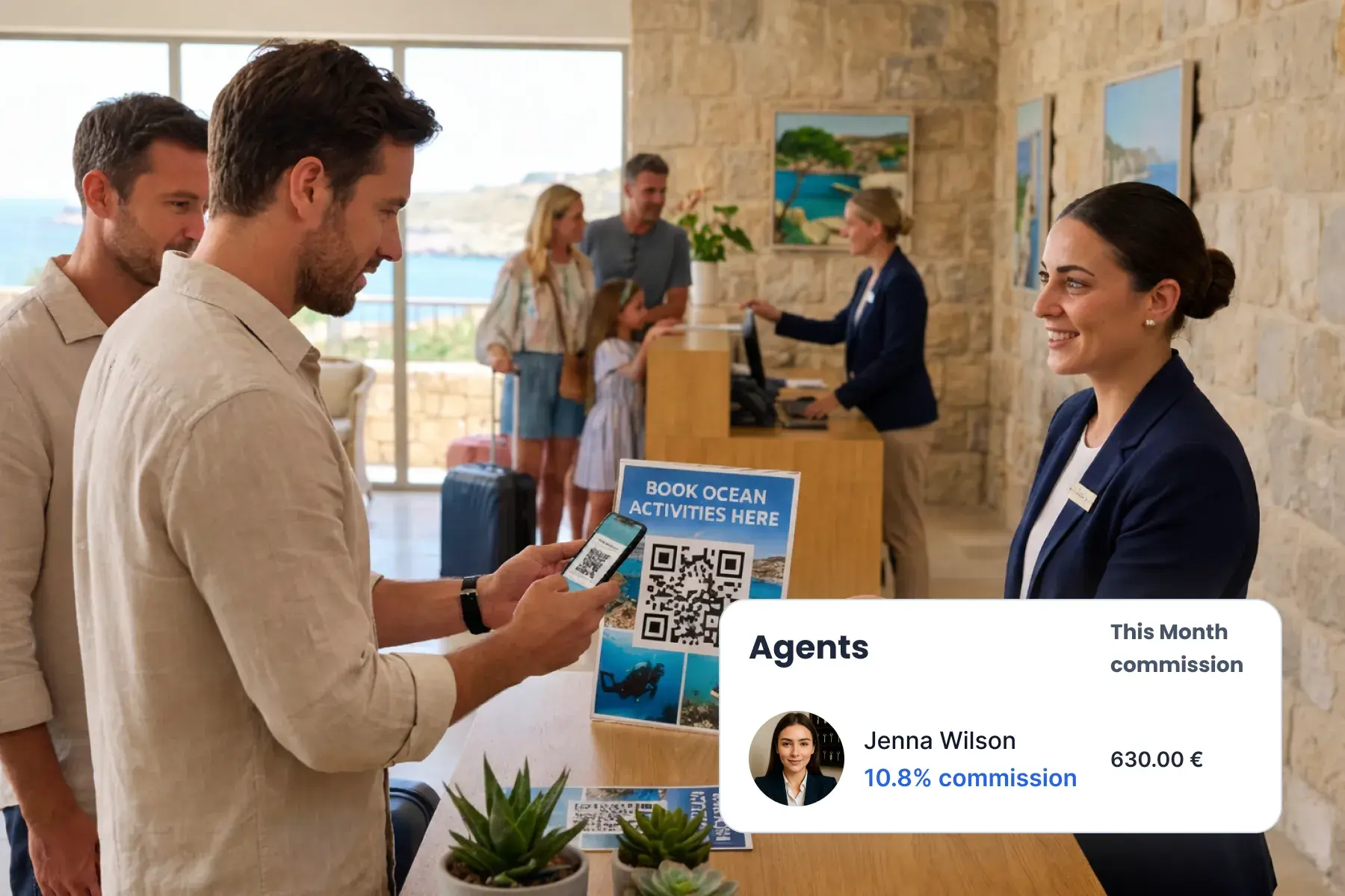 Concierge di hotel e agente che prenotano un'attività per conto di un cliente tramite il portale rivenditori di Bloowatch con disponibilità in tempo reale