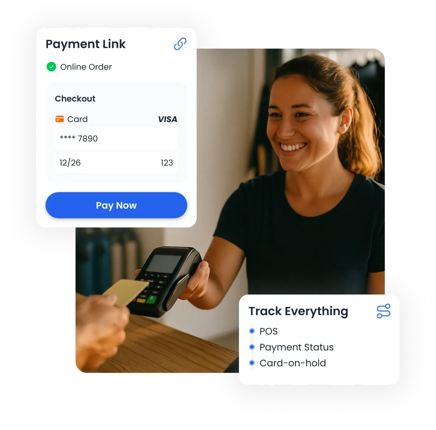 Bloowatchのカウンターでカード決済を受けるアクティビティ事業者と、POSおよびペイメントリンク画面