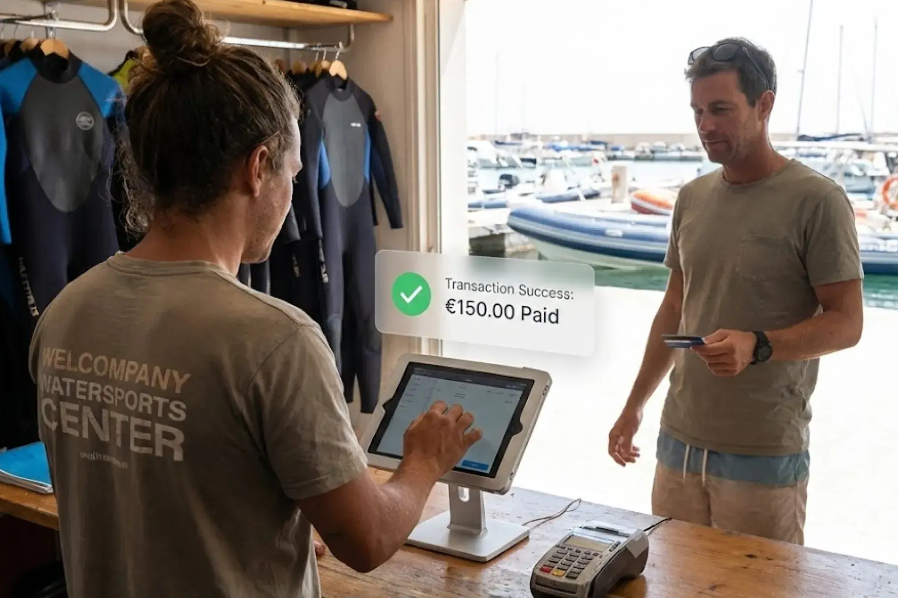 マリーナのカウンターでBloowatch POSを使って飛び込み予約を処理するアクティビティセンタースタッフ
