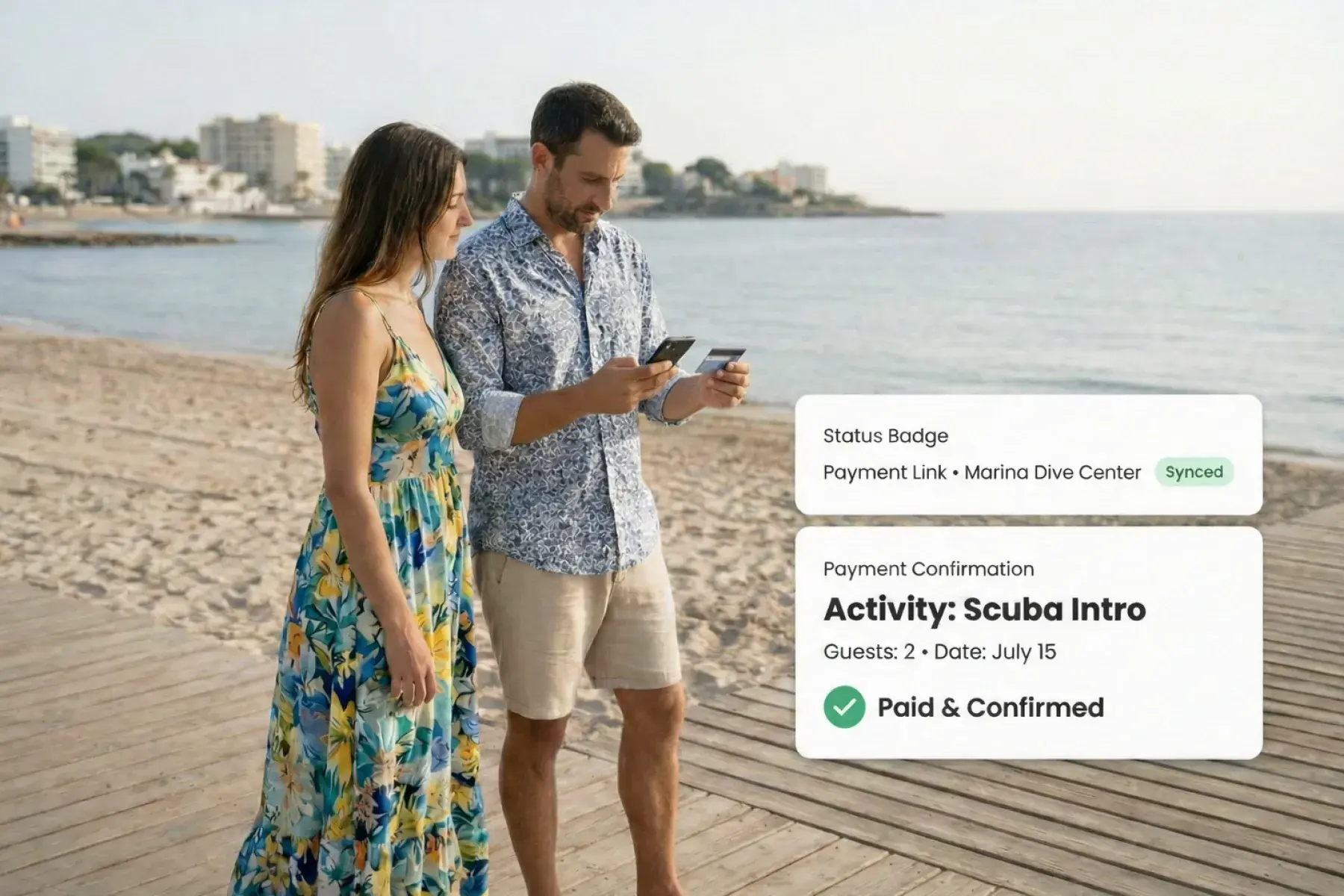 ビーチにいるカップルが、Bloowatchのペイメントリンクを受け取り、アクティビティ予約の確定とデポジット決済をリモートで行う場面