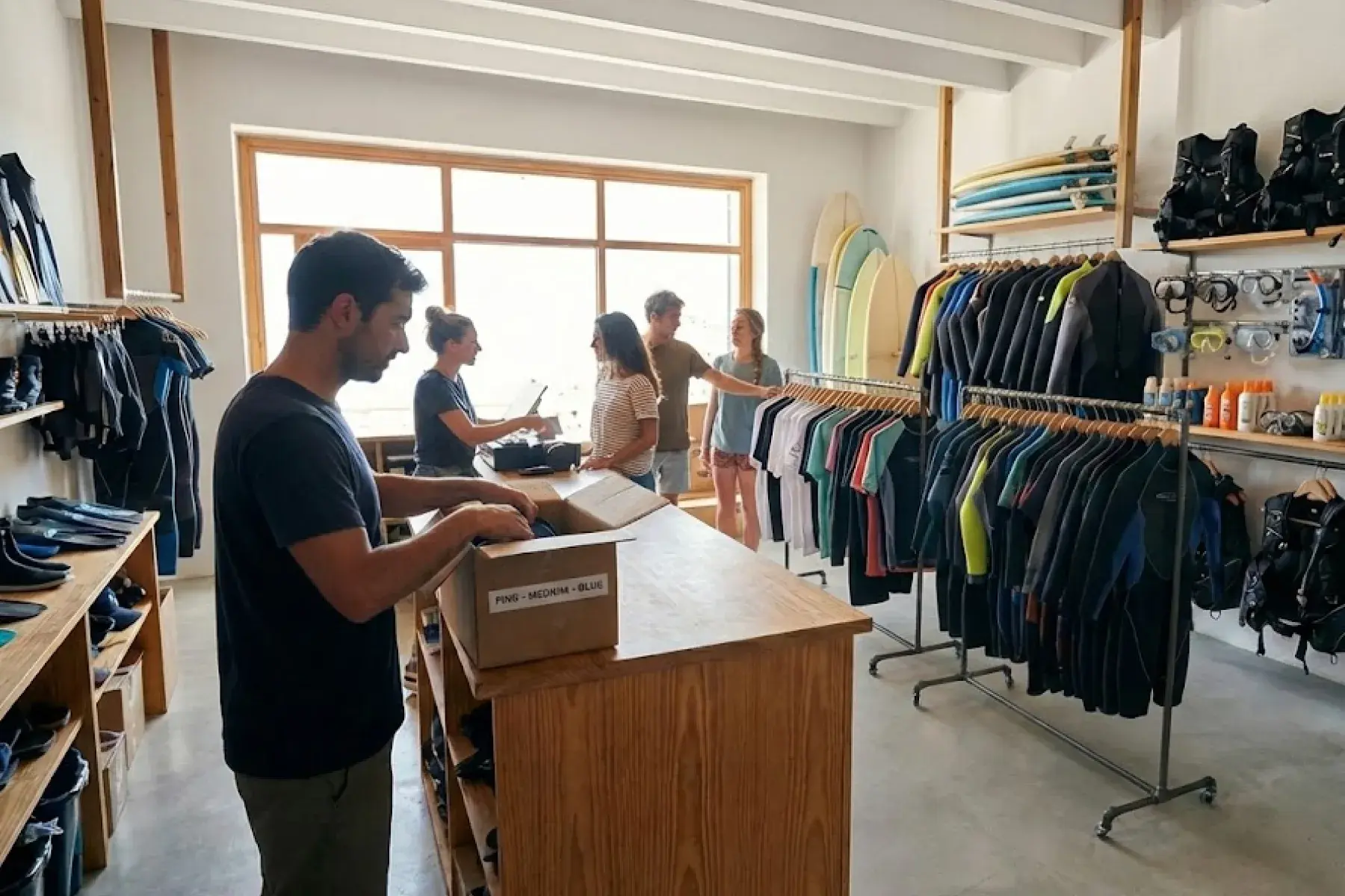 Bloowatch POSでアクティビティ予約とショップ在庫をまとめて管理する、ラックに並んだ小売商品