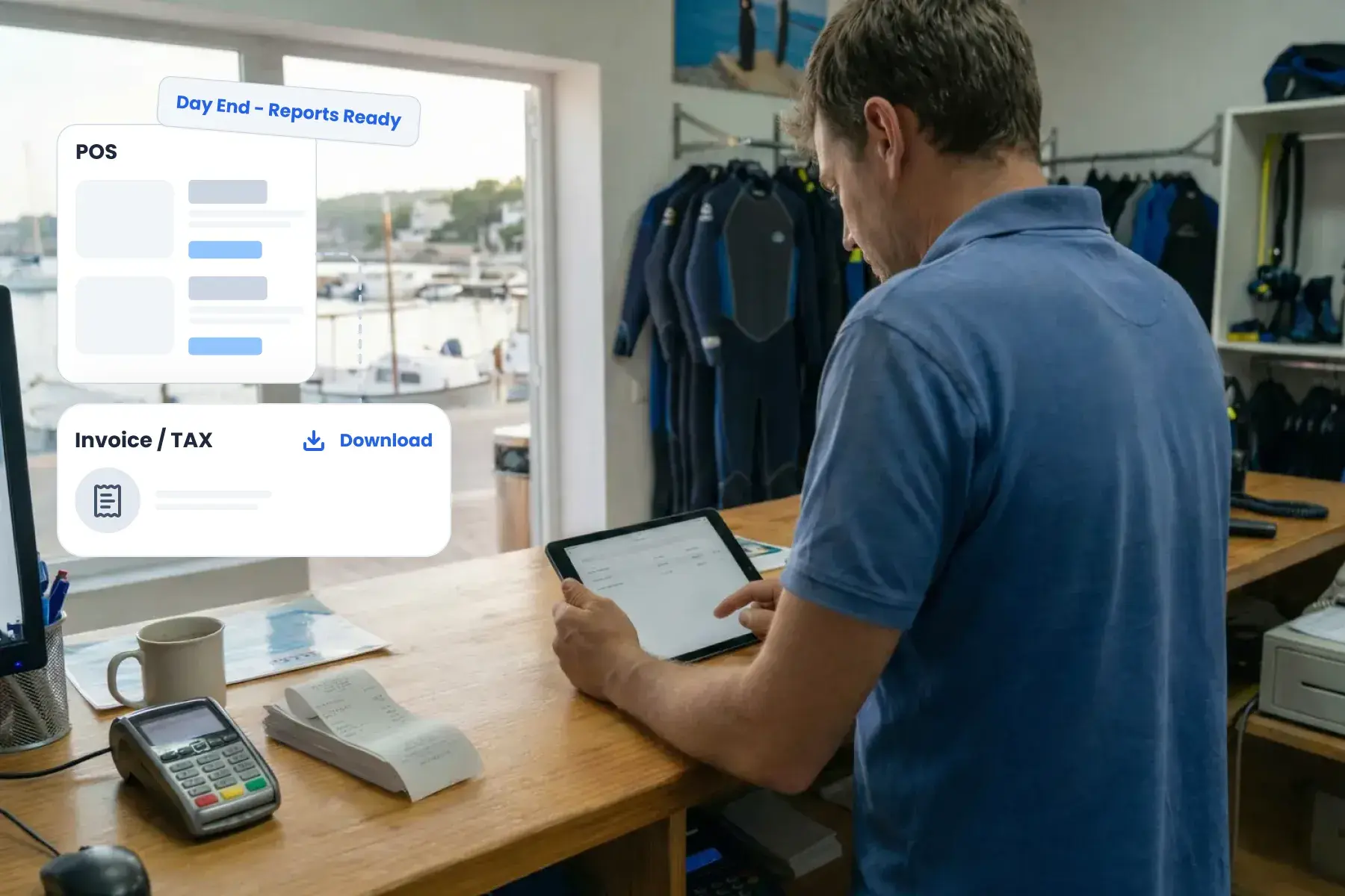 ラップトップ上でBloowatch POSのレポートと会計エクスポートを使い日締め処理を行うアクティビティセンターマネージャー