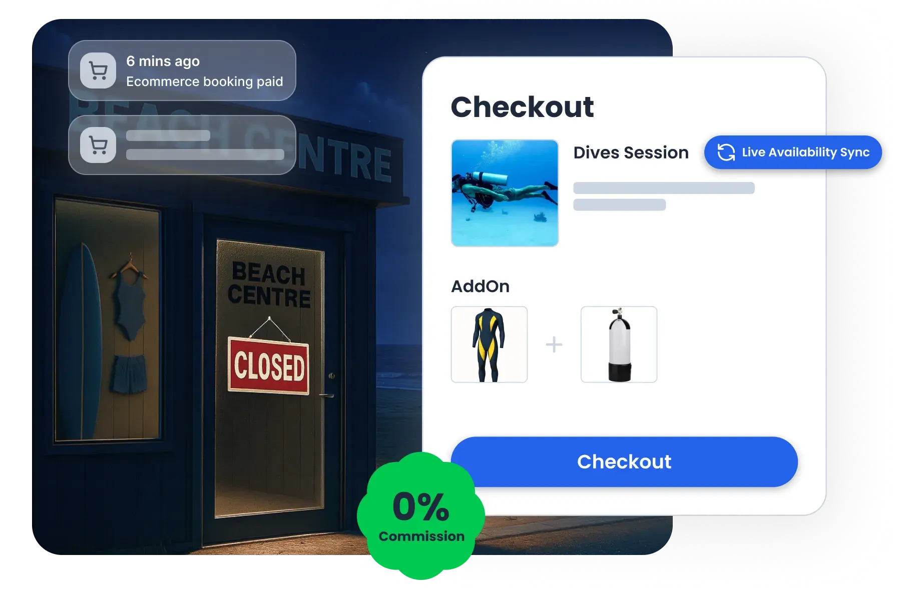 Interfaccia eCommerce attività di Bloowatch con checkout per prenotazione corsi, selezione sessioni e 0% di commissioni