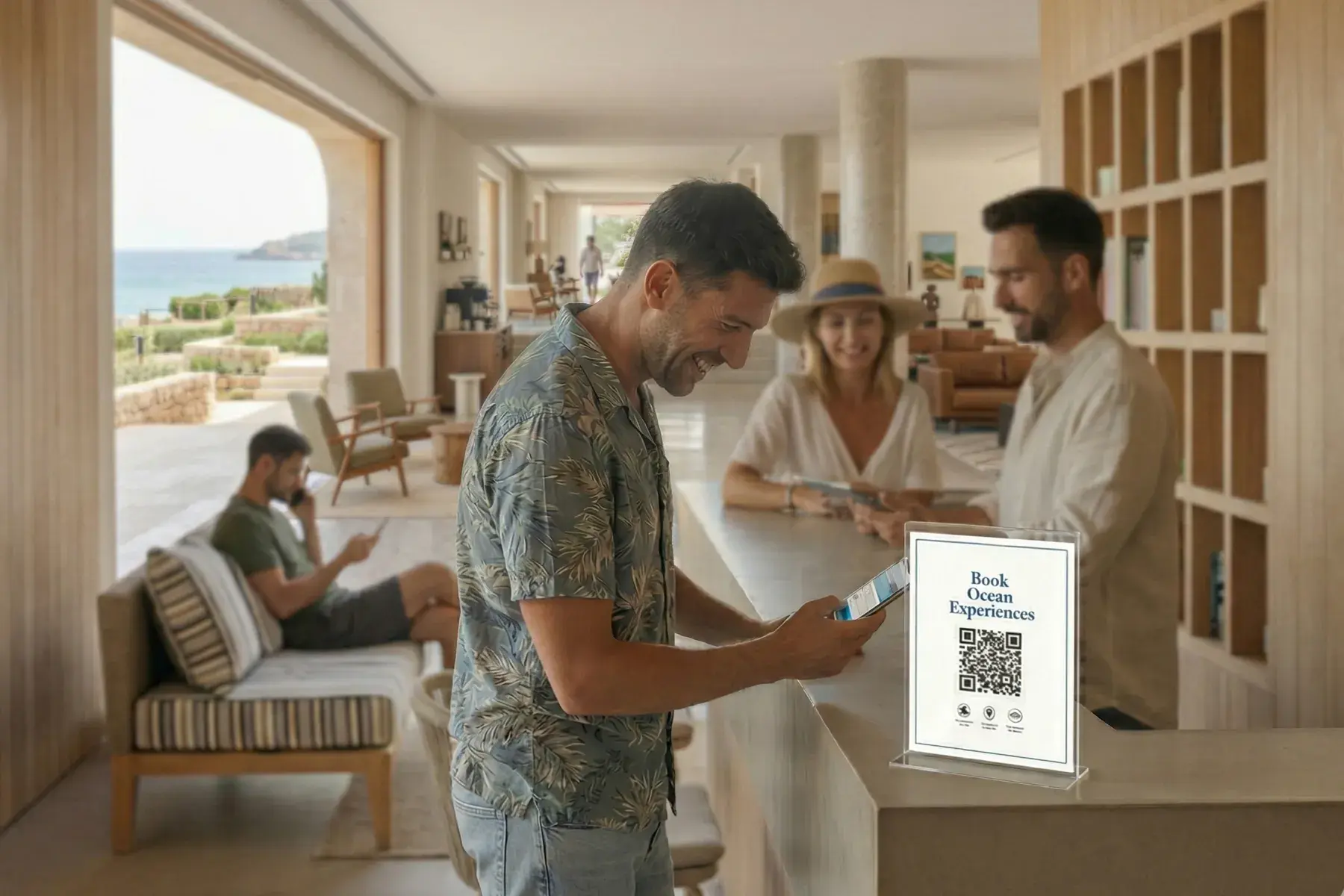 Parceiros numa receção a usar Bloowatch para gerir reservas de agentes e revendedores com rastreamento claro e confirmação.