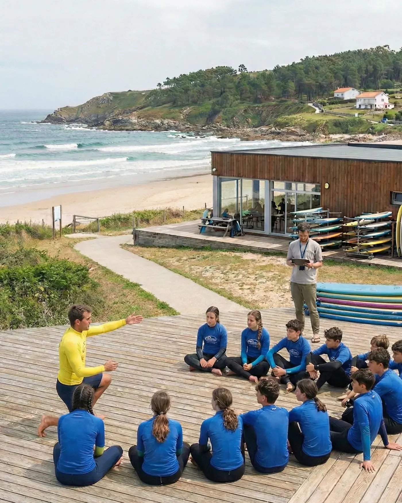 Group of surf camp students in blue wetsuits gathered on the beach for a lesson briefing, managed with Bloowatch