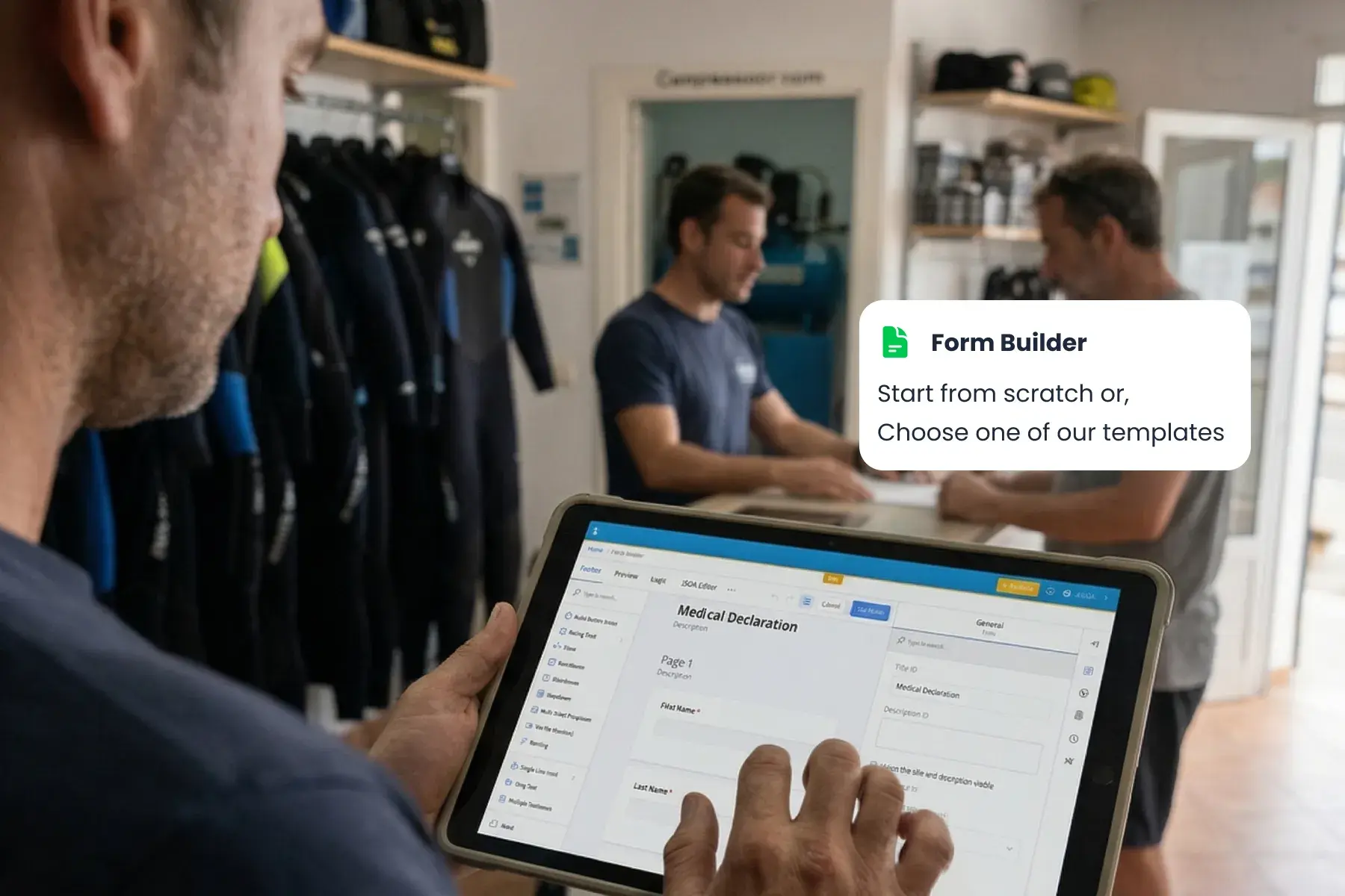 Staff member using Bloowatch smart waiver forms on a tablet to prepare guest check-in and collect required details.
