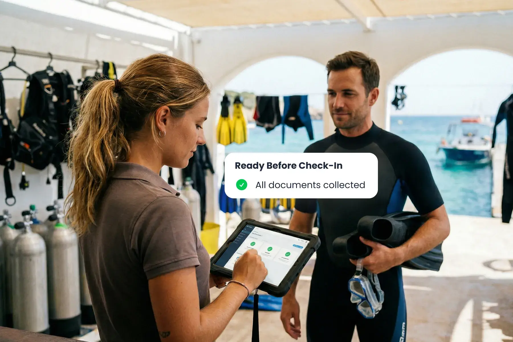 Staff using Bloowatch to review guest details, signed waivers, and required documents before check-in.