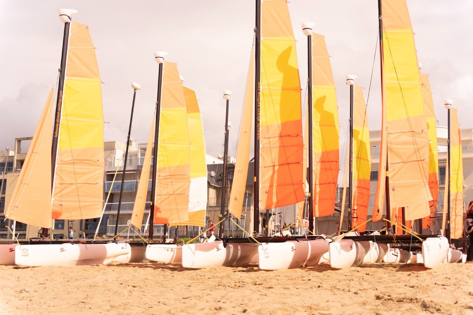 Flotta di catamarani con vele arancioni e gialle allineati sulla spiaggia della base nautica Yagga